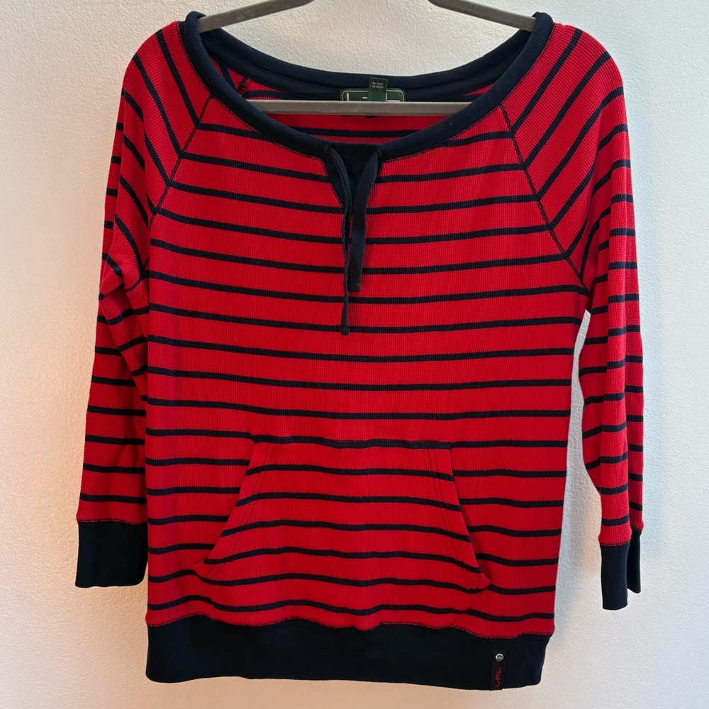 NWOT Lauren Ralph Lauren Red Stripe Waffle Knit Sweater Top L